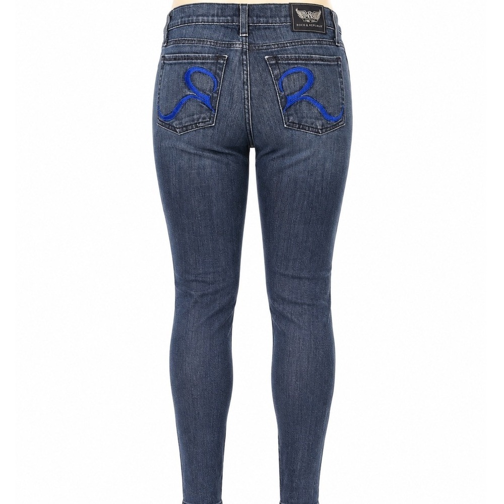 Rock & Republic Berlin Skinny Jeans Dark Wash Blue Embroidered Logo Size‎ 27
